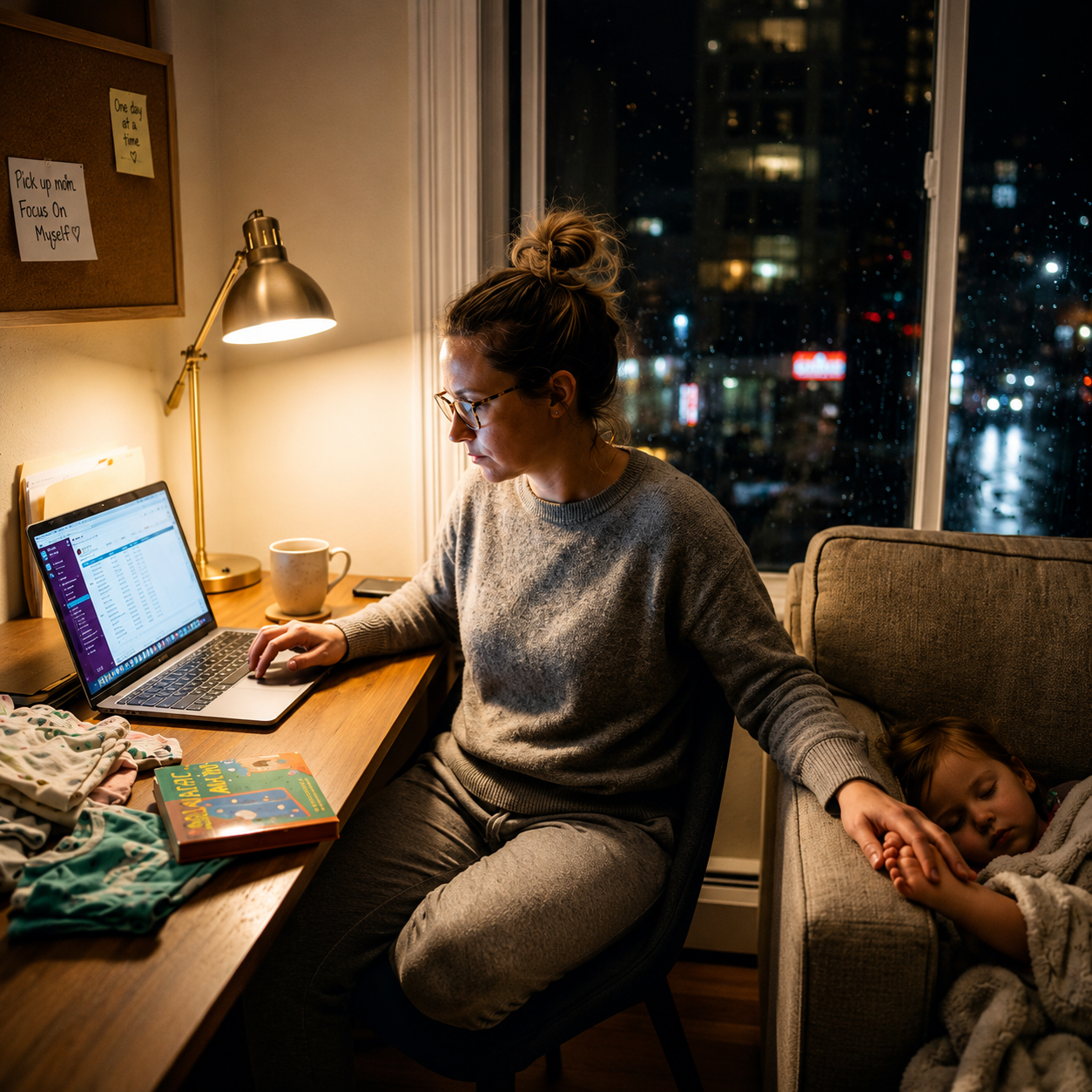 An ambitious mother juggling work and family late at night