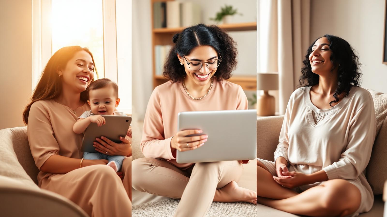 Happy thriving working mothers in their daily lives