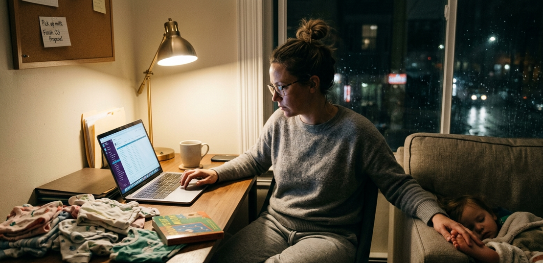 A working mother juggling work and family late at night